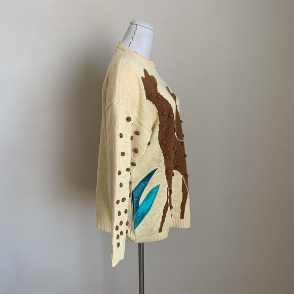Vintage 80s Cervelle Giraffe Africa Safari Pom Pom Palm Tree Novelty Sweater M - Picture 5 of 10